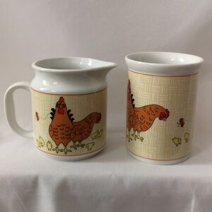 Vintage Cameron Japan Pitcher Jug and Utensil Holder Hens, Chicks w Butterflies